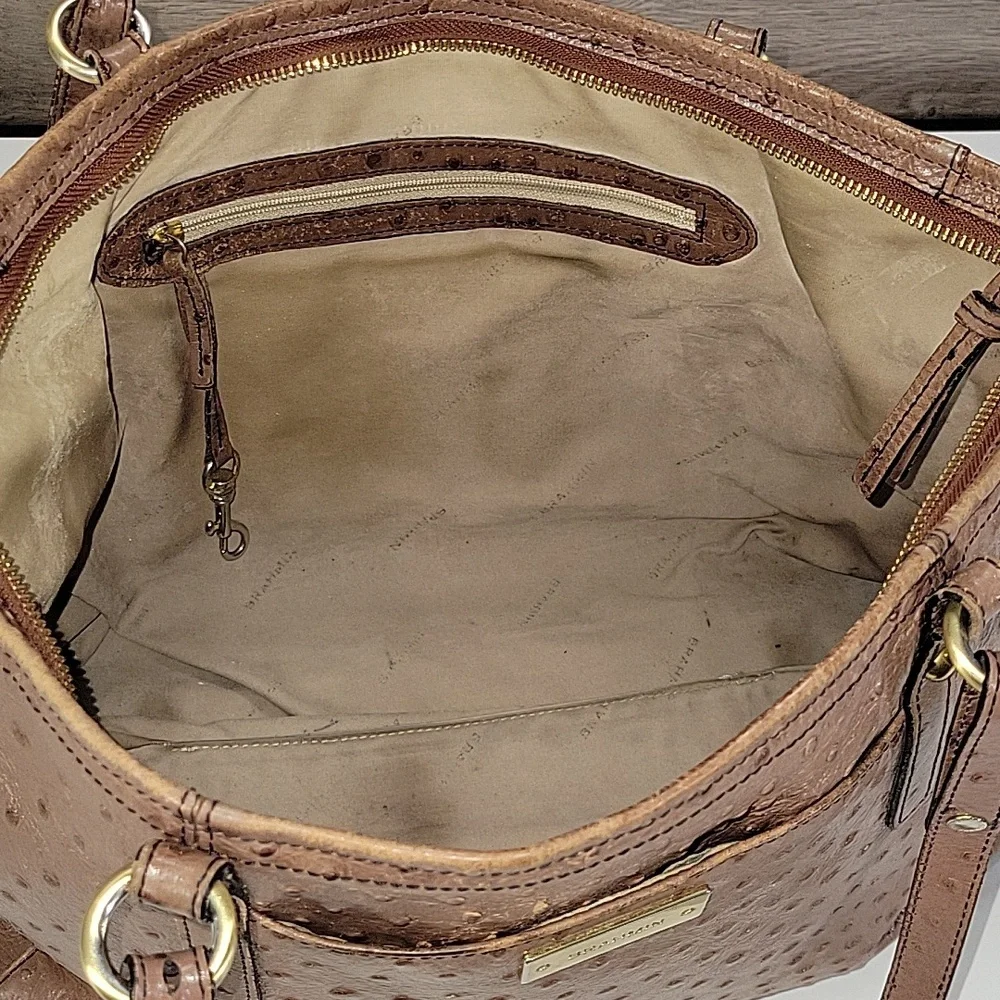 Brahmin Brown Ostrich Embossed Leather Tote Bag with Gold Accents